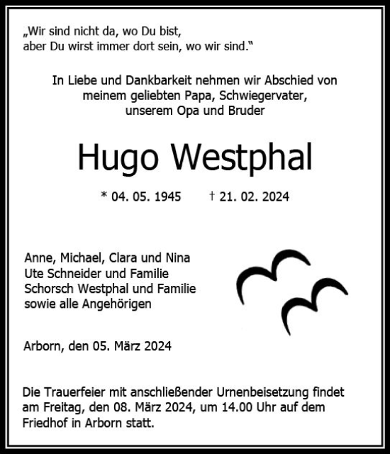 Traueranzeige von Hugo Westphal von Dill Block