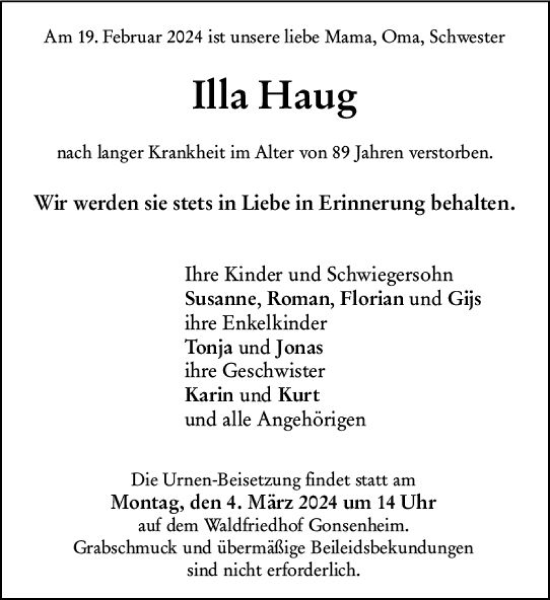 Traueranzeige von Illa Haug von Allgemeine Zeitung Mainz