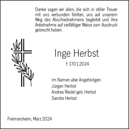 Traueranzeige von Inge Herbst von Allgemeine Zeitung Alzey
