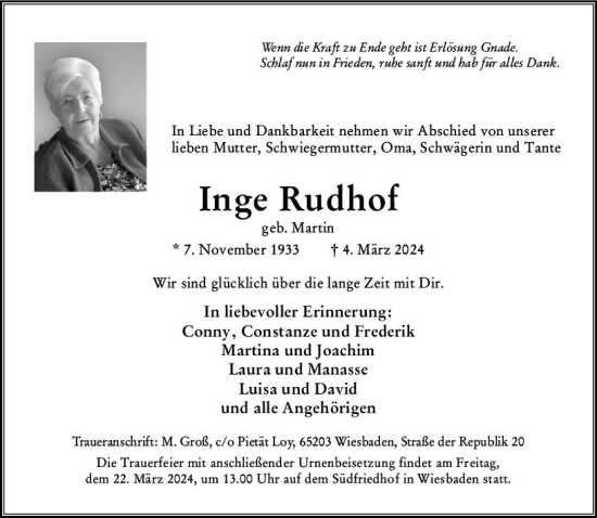 Traueranzeige von Inge Rudhof von Wiesbadener Kurier