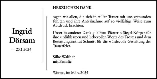 Traueranzeige von Ingrid Dörsam von Wormser Zeitung