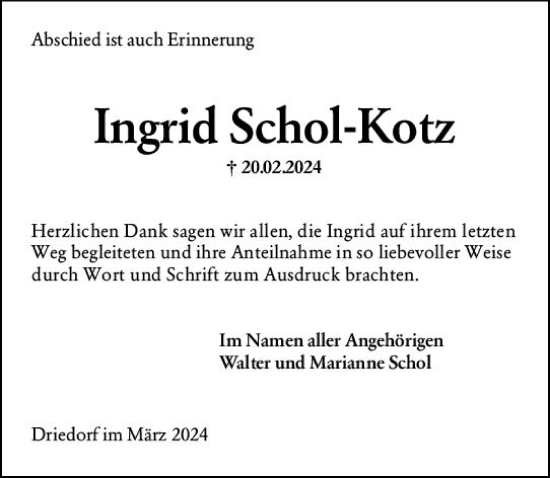 Traueranzeige von Ingrid Schol-Kotz von Dill Block