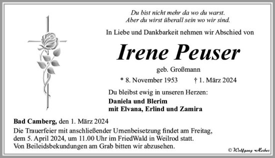 Traueranzeige von Irene Peuser von Camberger Anzeiger