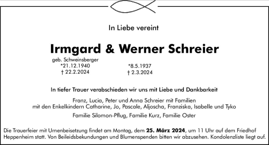 Traueranzeige von Irmgard Schreier von Starkenburger Echo