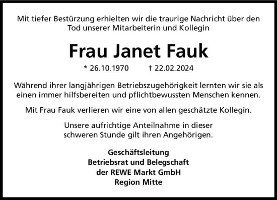 Traueranzeige von Janet Fauk von Allgemeine Zeitung Mainz