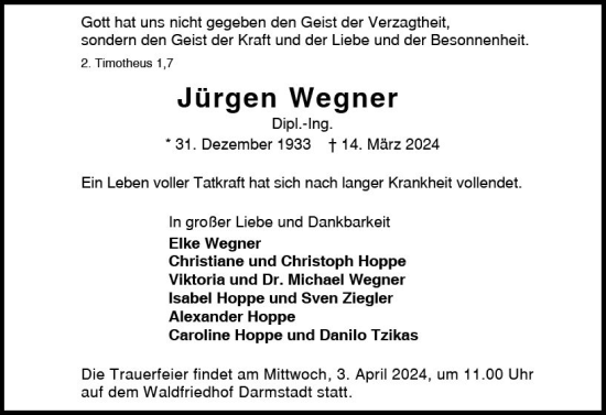 Traueranzeige von Jürgen Wegner von Darmstädter Echo