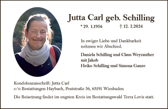 Traueranzeige von Jutta Carl von Wiesbadener Kurier