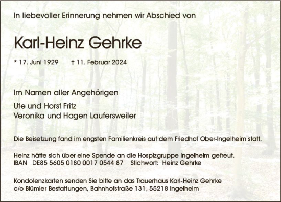 Traueranzeige von Karl-Heinz Gehrke von Allgemeine Zeitung Bingen/Ingelheim