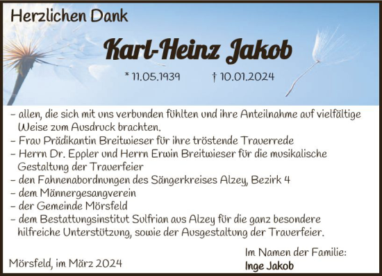 Traueranzeige von Karl-Heinz Jakob von Allgemeine Zeitung Alzey