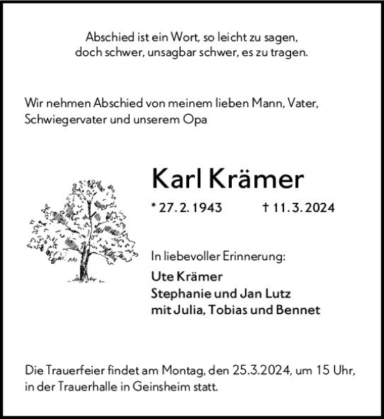 Traueranzeige von Karl Krämer von Groß-Gerauer Echo