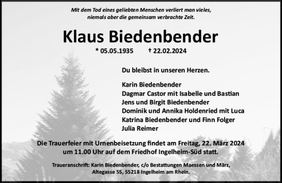Traueranzeige von Klaus Biedenbender von Allgemeine Zeitung Bingen/Ingelheim