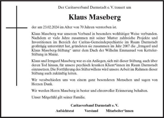 Traueranzeige von Klaus Maseberg von Darmstädter Echo