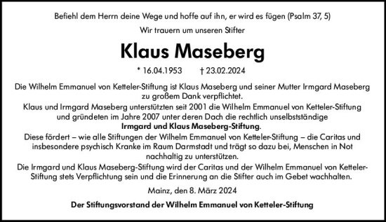 Traueranzeige von Klaus Maseberg von Darmstädter Echo