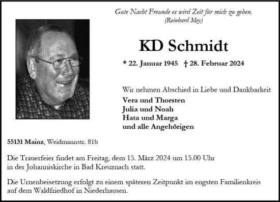 Traueranzeige von Klaus Dieter Schmidt von Allgemeine Zeitung Bad Kreuznach