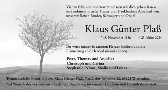 Traueranzeige von Klaus Günter Plaß von Wiesbadener Kurier
