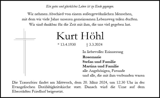 Traueranzeige von Kurt Höhl von Darmstädter Echo