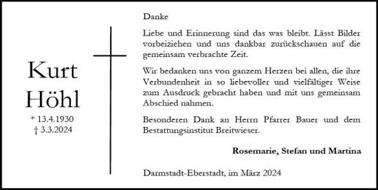 Traueranzeige von Kurt Höhl von Darmstädter Echo