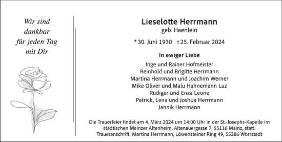 Traueranzeige von Lieselotte Herrmann von Allgemeine Zeitung Mainz