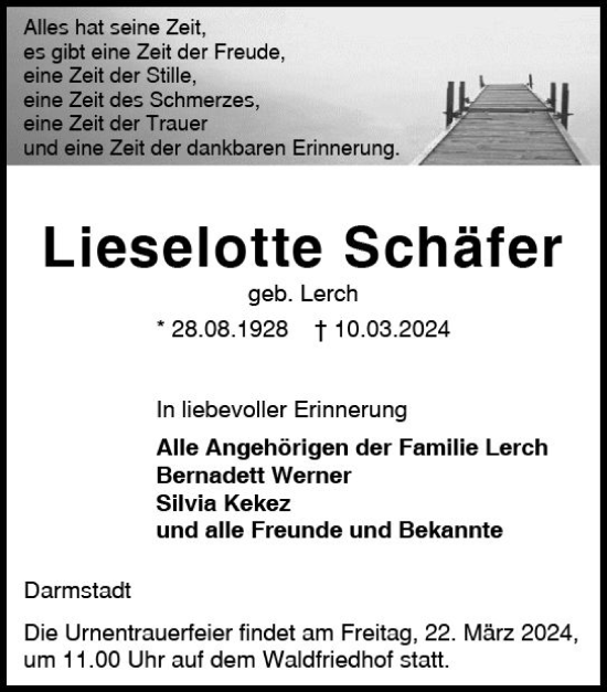 Traueranzeige von Lieselotte Schäfer von Darmstädter Echo