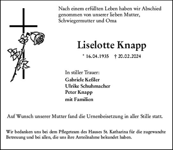 Traueranzeige von Liselotte Knapp von Starkenburger Echo