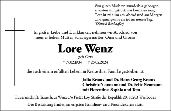 Traueranzeige von Lore Wein von Wiesbadener Kurier