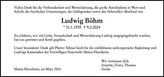 Traueranzeige von Ludwig Böhm von Allgemeine Zeitung Alzey