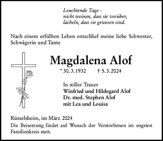 Traueranzeige von Magdalena Alof von Rüsselsheimer Echo