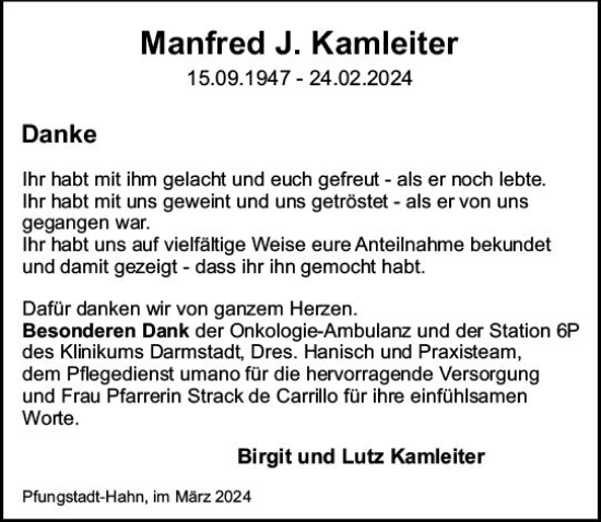 Traueranzeige von Manfred Kamleiter von Darmstädter Echo