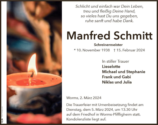 Traueranzeige von Manfred Schmitt von Wormser Zeitung