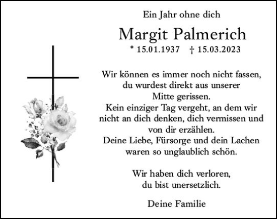 Traueranzeige von Margit Palmerich von Dill Block