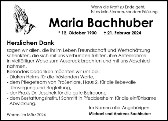 Traueranzeige von Maria Bachhuber von Wormser Zeitung