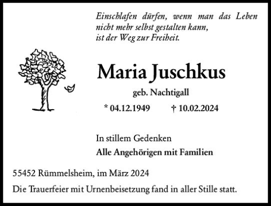 Traueranzeige von Maria Juschkus von Allgemeine Zeitung Bingen/Ingelheim