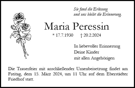 Traueranzeige von Maria Peressin von Darmstädter Echo