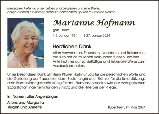 Traueranzeige von Marianne Hofmann von Allgemeine Zeitung Bingen/Ingelheim
