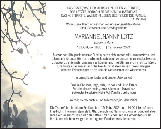 Traueranzeige von Marianne Lotz von Wetzlarer Neue Zeitung