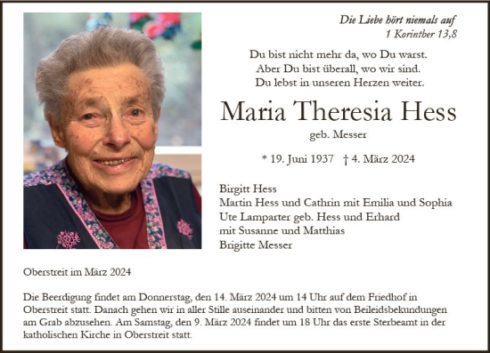 Traueranzeige von Maria Theresia Hess von Allgemeine Zeitung Bad Kreuznach