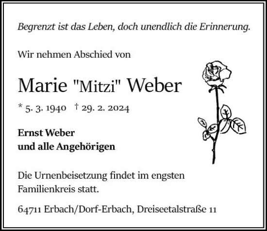 Traueranzeige von Marie Weber von Odenwälder Echo