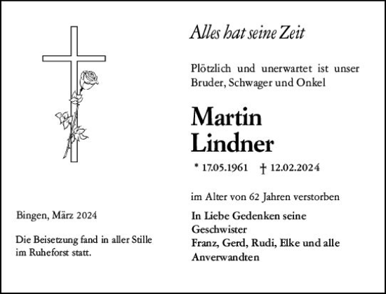 Traueranzeige von Martin Lindner von Allgemeine Zeitung Bingen/Ingelheim