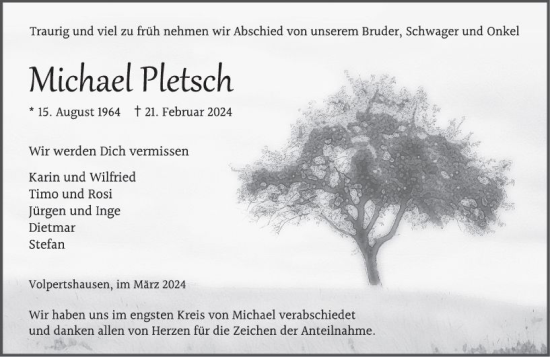 Traueranzeige von Michael Pletsch von Wetzlarer Neue Zeitung