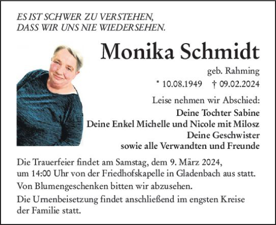 Traueranzeige von Monika Schmidt von Hinterländer Anzeiger