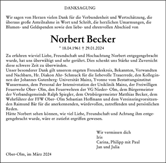 Traueranzeige von Norbert Becker von Allgemeine Zeitung Mainz