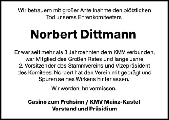 Traueranzeige von Norbert Dittmann von Allgemeine Zeitung Mainz