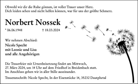 Traueranzeige von Norbert Nossek von Hinterländer Anzeiger