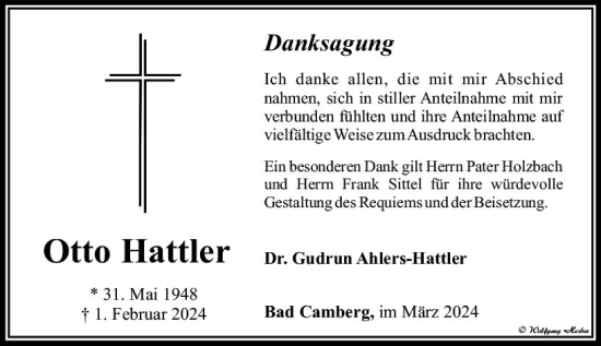 Traueranzeige von Otto Hattler von Camberger Anzeiger