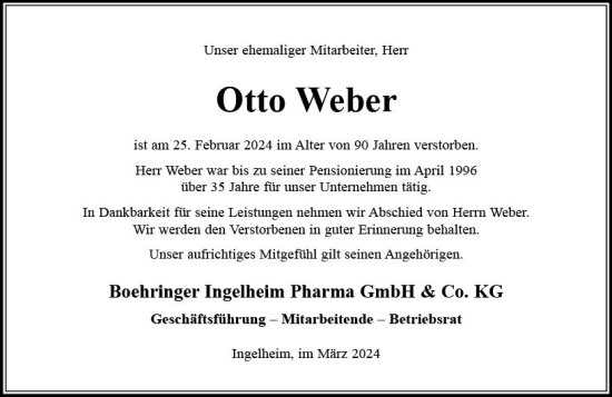 Traueranzeige von Otto Weber von Allgemeine Zeitung Bingen/Ingelheim