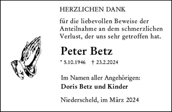 Traueranzeige von Peter Betz von Dill Block