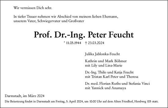 Traueranzeige von Peter Feucht von Darmstädter Echo