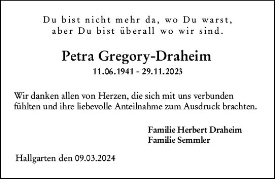 Traueranzeige von Petra Gregory-Draheim von Wiesbadener Kurier