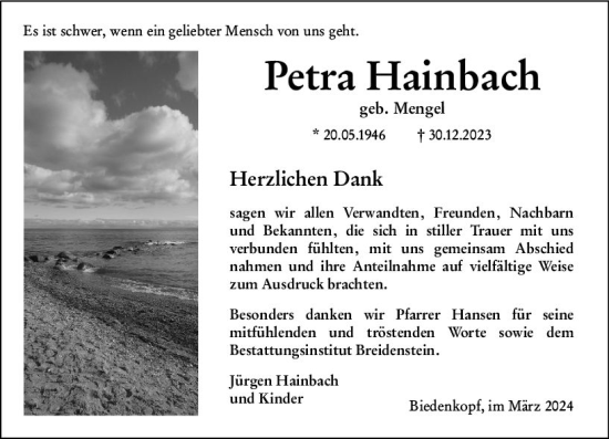 Traueranzeige von Petra Hainbach von Hinterländer Anzeiger