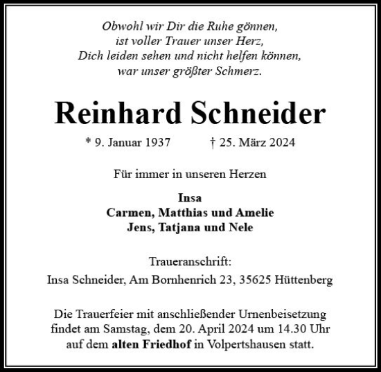 Traueranzeige von Reinhard Schneider von Wetzlarer Neue Zeitung